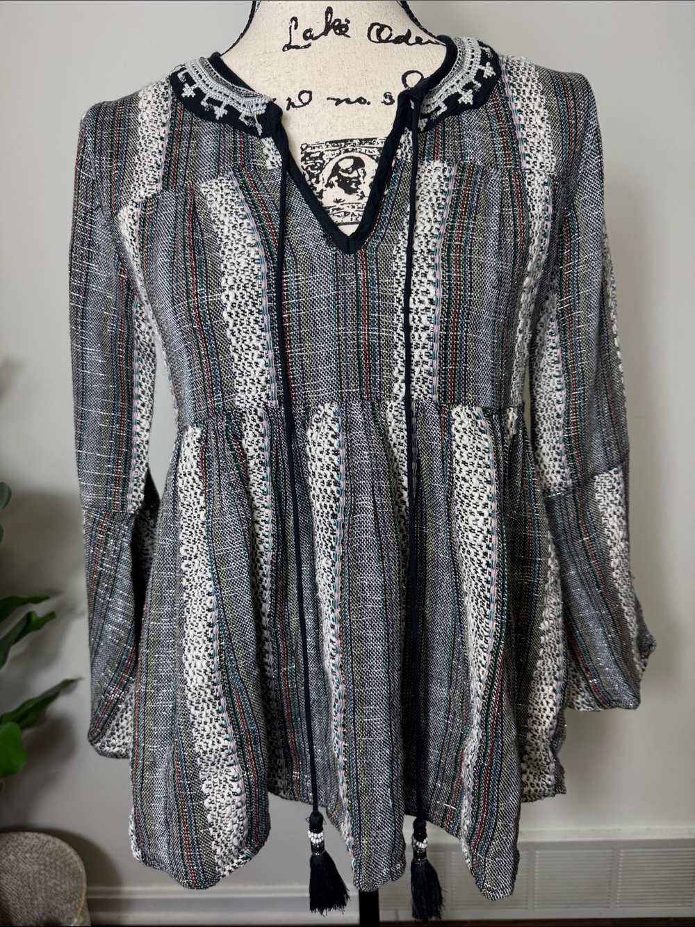 ALTR'D STATE Bell Sleeve Striped Knit Tassel Peasant Babydoll Top SZ S